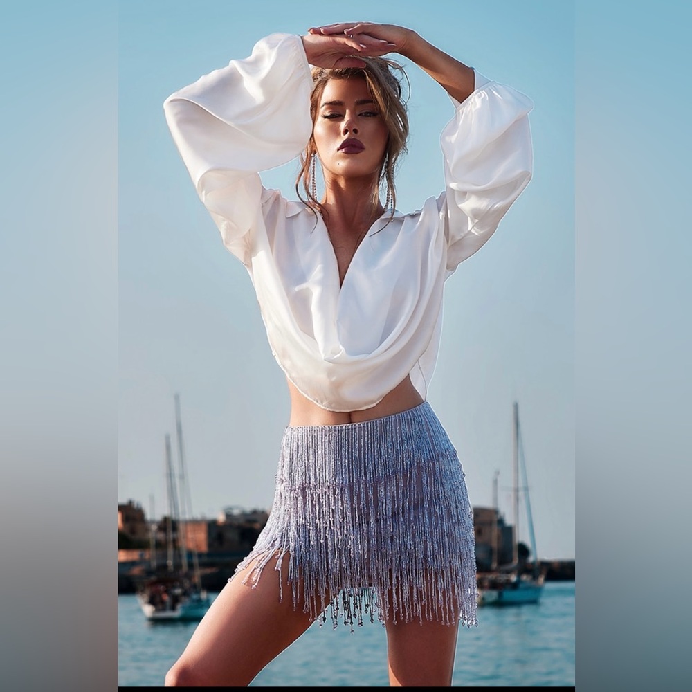 PLT Lilac Embellished Tassel Mini Skirt